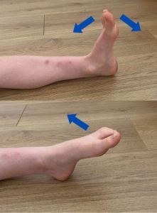 Point toes upwards and then point them down to the floor. / Pwyntiwch fysedd eich traed i fyny ac yna pwyntiwch nhw am y llawr · Ffurfiwch siâp y llythyren A gyda’ch troed