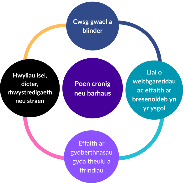 Poen cronig neu barhaus: - Cwsg gwael a blinder > - Hwyliau isel, dicter, rhwystredigaeth neu straen > - Effaith ar gydberthnasau gyda theulu a ffrindiau > - Llai o weithgareddau ac effaith ar bresenoldeb yn yr ysgol