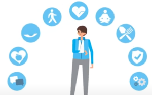 Child with broken arm, surrounded by health related icons