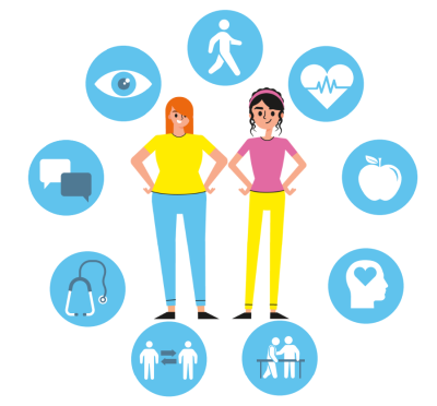 Two women standing next to each other. A ring of health related icons surrounds them.