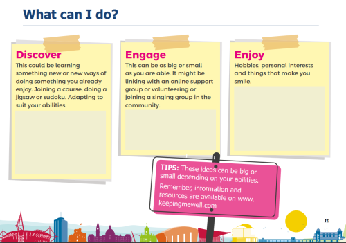 A page from the Stepping Stones Toolkit called 'What can I do?'. Text includes: 'Discover: This could be learning something new or new ways of doing something you already enjoy. Joining a course, doing a jigsaw or sudoku. Adapting to suit your abilities'.